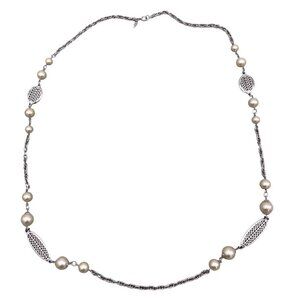 Vintage Trifari Faux Pearl Station Chain Necklace Silver Tone
